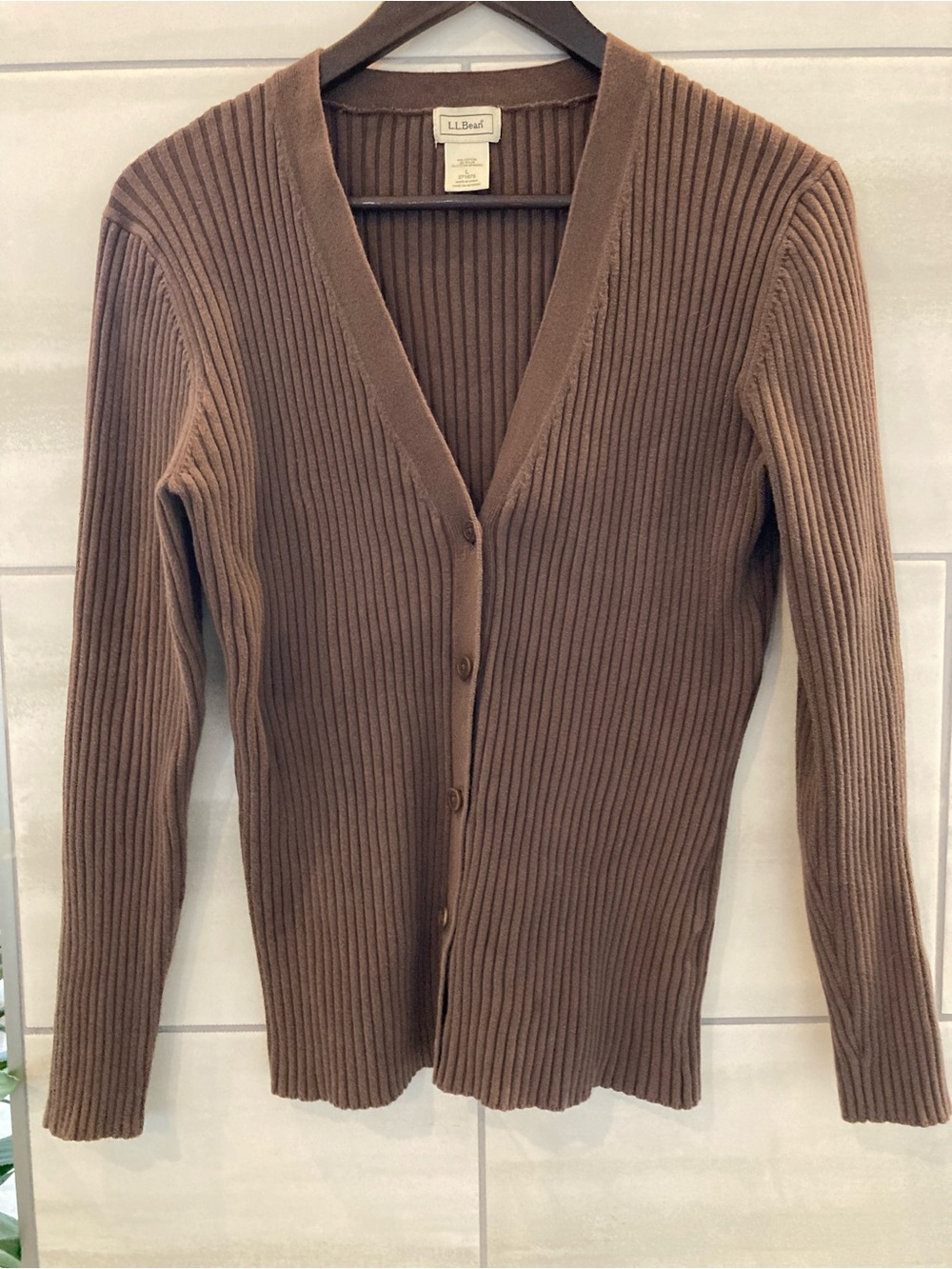 L.L. Bean Chocolate Brown Ribbed V-Neck Button Cardigan